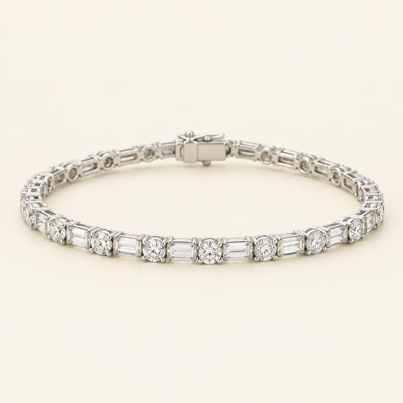 Full piece of the white gold alternating round and baguette tennis bracelet
