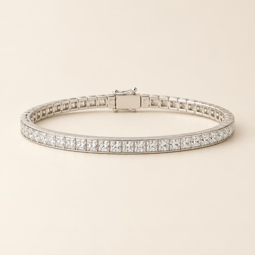 Full piece of the white gold channel-set princess-cut tennis bracelet