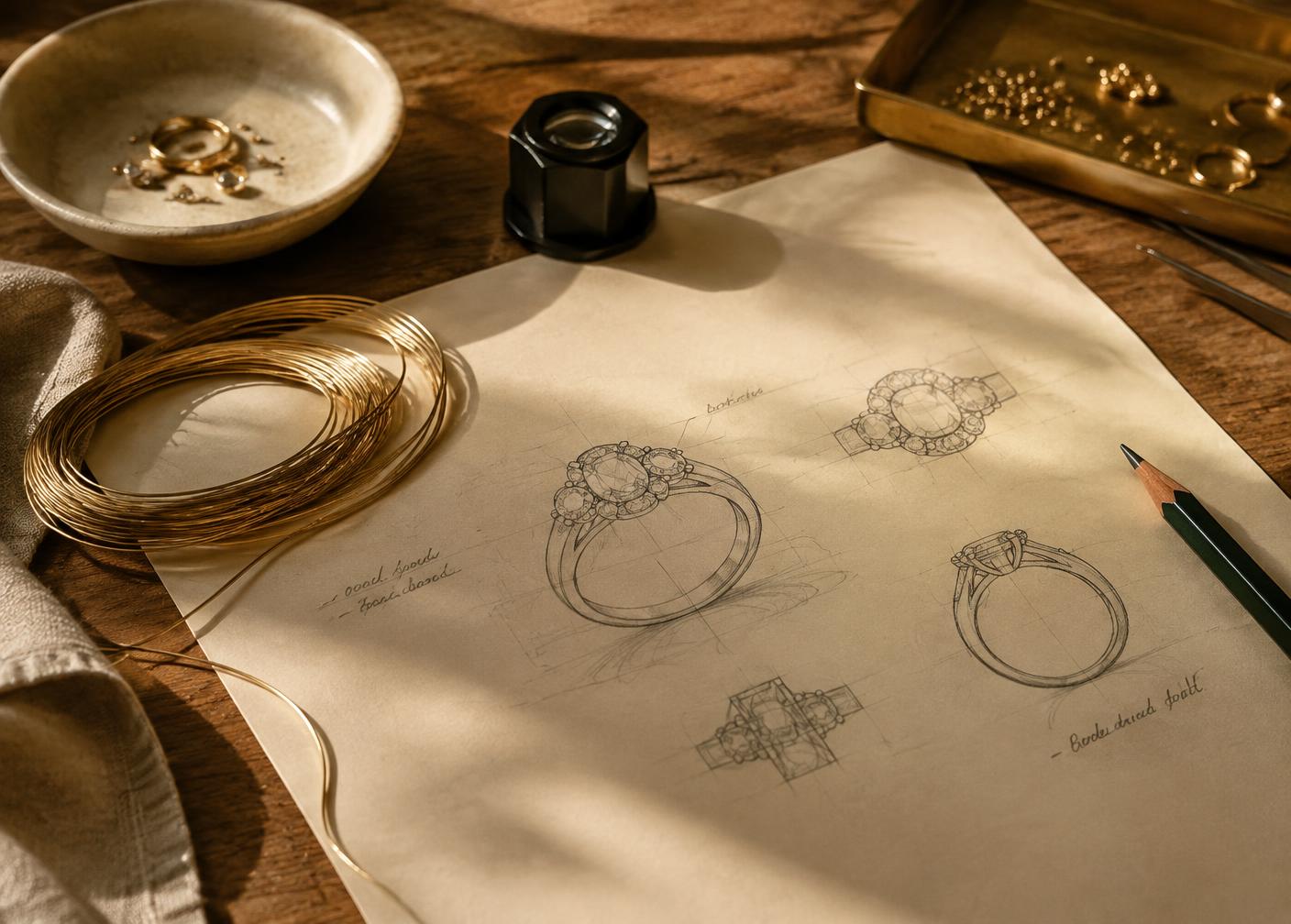 Ring design sketches on a jeweller's desk
