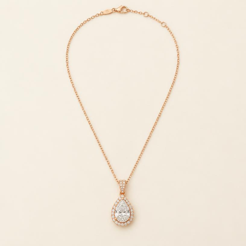 Full piece of the rose gold pear halo pendant necklace