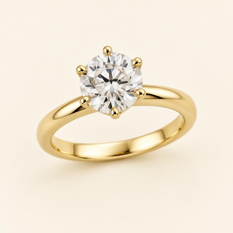 Three-quarter view of the yellow gold round solitaire ring with six claws