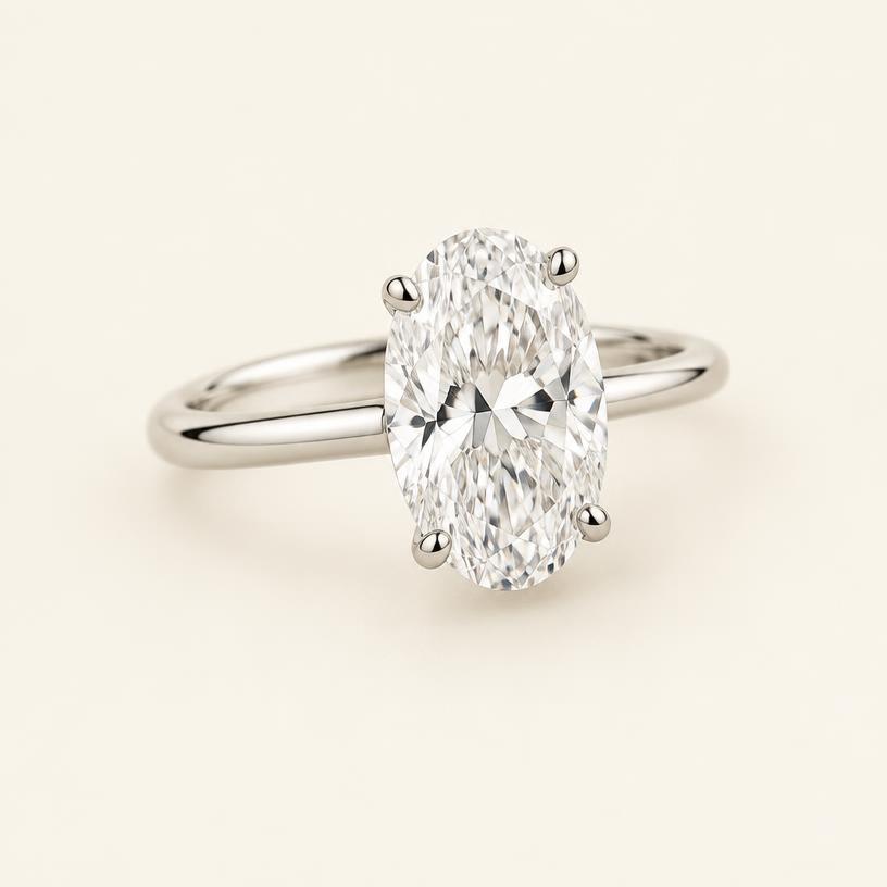 Three-quarter view of the platinum oval solitaire ring