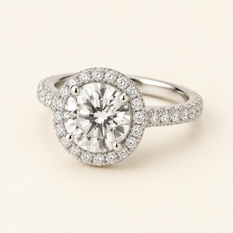Three-quarter view of the white gold round halo ring with pavé band