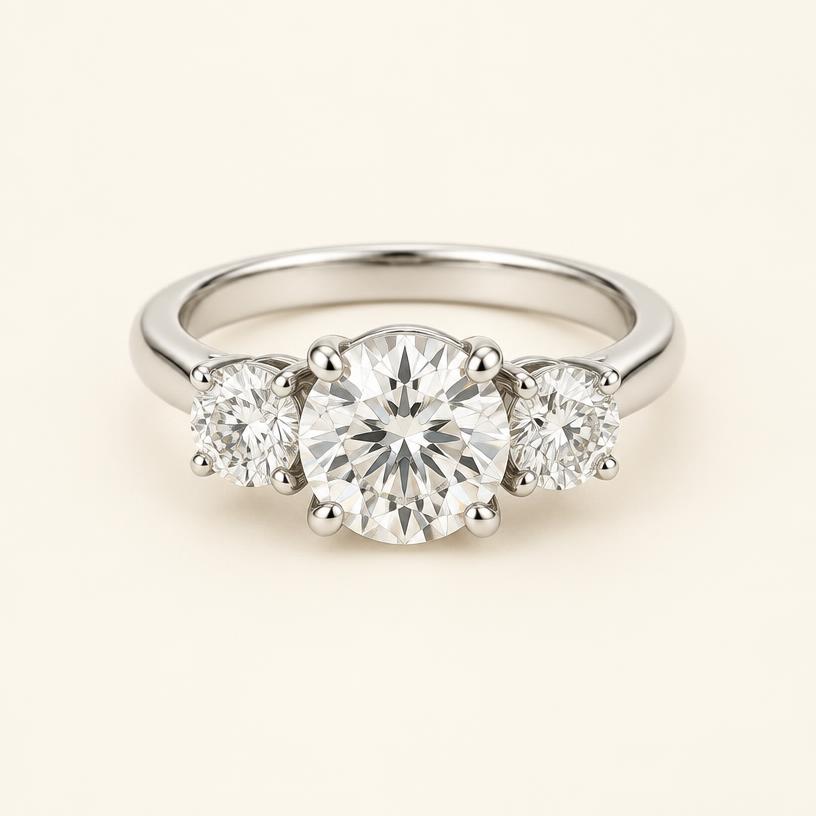 Three-quarter view of the white gold three-stone round ring
