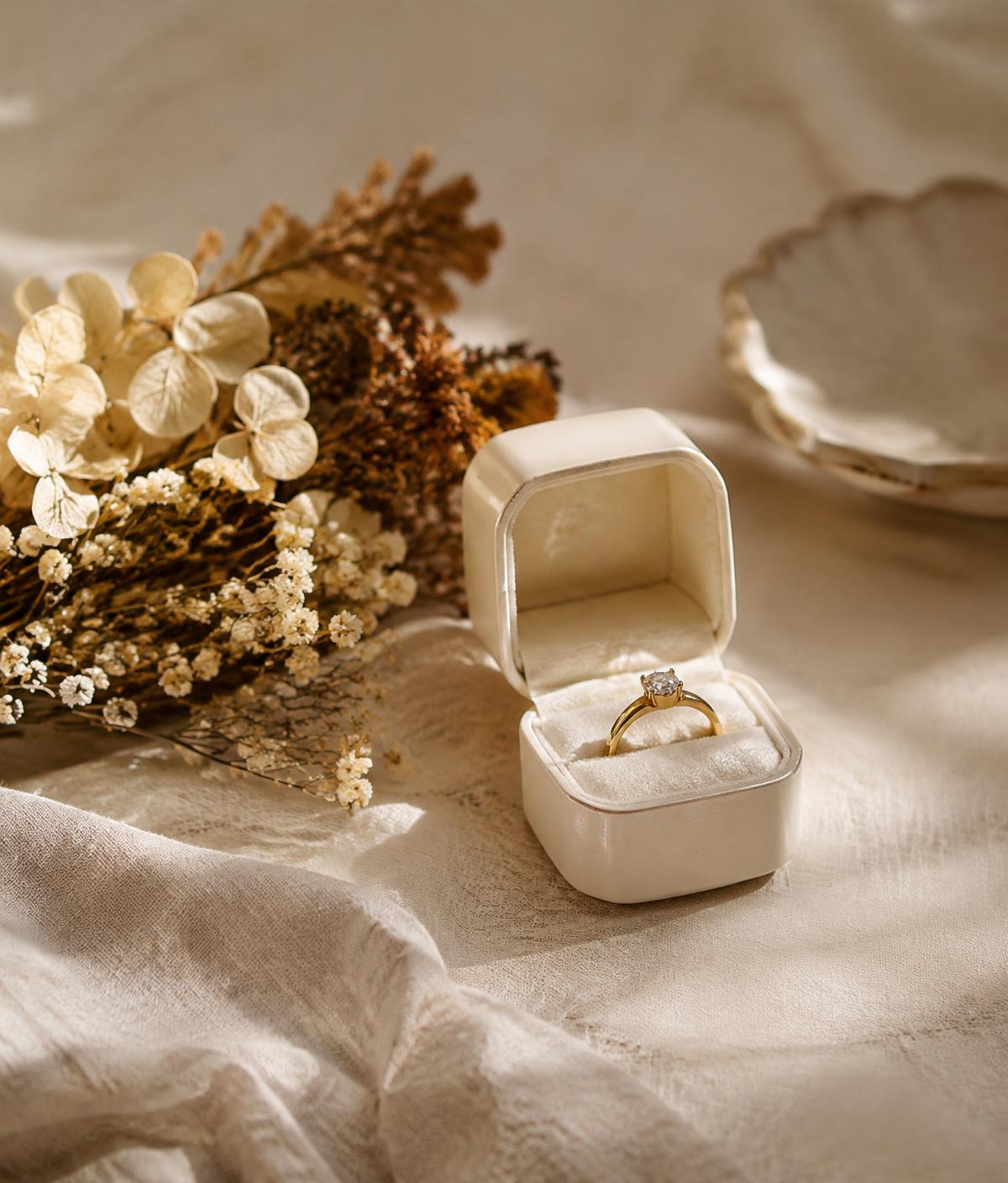 An ivory ring box holding a gold solitaire ring